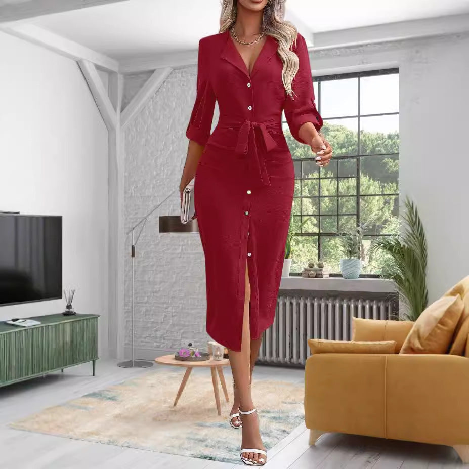 Damen Knielanges Hemdblusenkleid mit Taillengürtel R&B