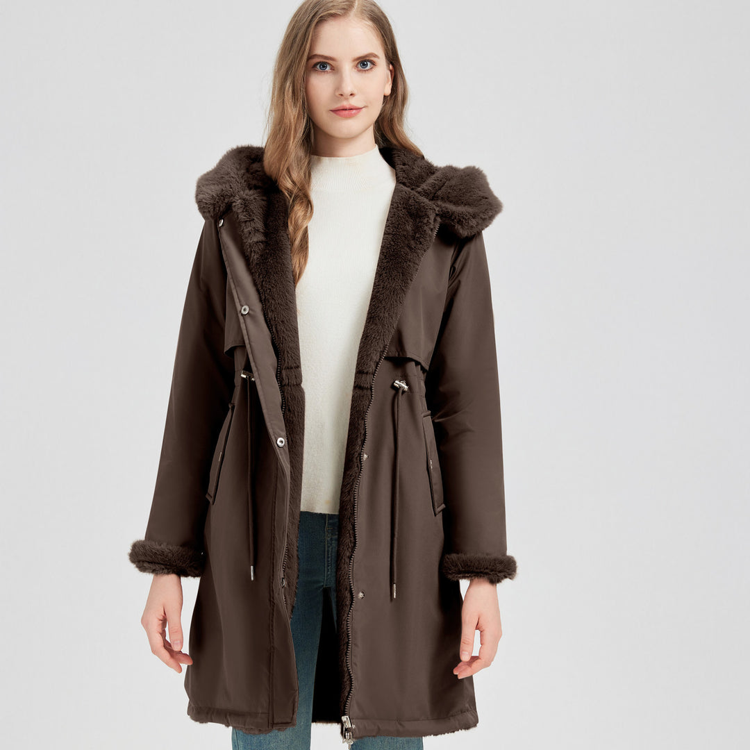 Damen Eleganter und warmer Parka mit abnehmbarem Kunstfellkragen und praktischen Schnürdetails R&B