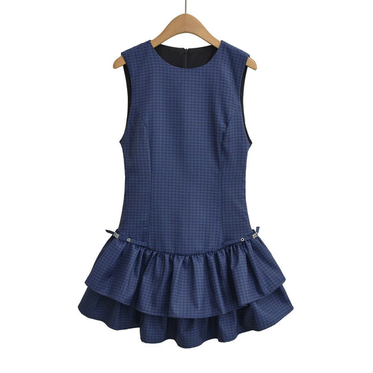 Damen Sommerkleid mit voluminösem Rüschenrock und modernem Karomuster R&B