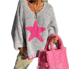 Damen Strickpullover mit V-Ausschnitt und auffälligem Sternenmuster