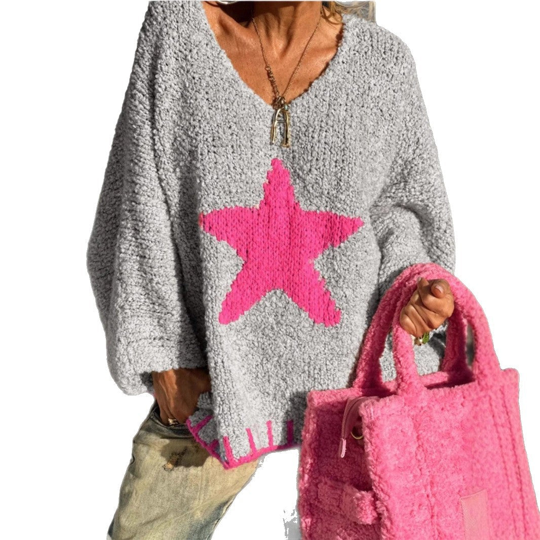 Damen Strickpullover mit V-Ausschnitt und auffälligem Sternenmuster
