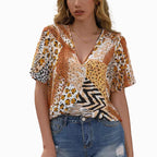 Damen Kurzarm Blusenshirt mit kreativem Tiermuster und V-Ausschnitt R&B