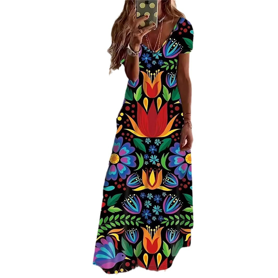 Damen Maxikleid mit stilvollem Blumen- und Tiermotiv R&B