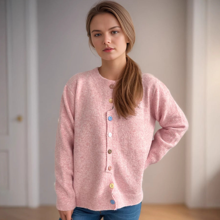 Damen kuschelige Strickjacke mit bunten Knopfdetails R&B