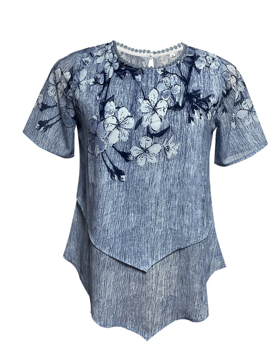Damen nan zweilagiges Blusenkleid mit asymmetrischem Stufensaum, floraler Druckpasse und Flügelärmeln R&B