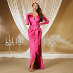 Damen Elegantes Langarm-Maxikleid mit tiefem V-Ausschnitt und seitlichem Schlitz R&B