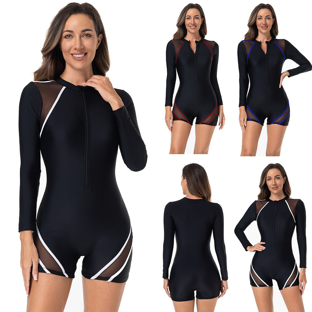 Damen Sportlicher Langarm-Schwimmanzug mit atmungsaktiven Netz Einsätzen R&B
