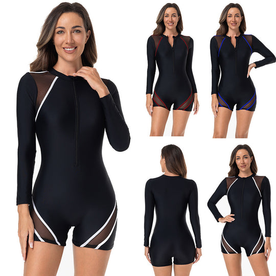 Damen Sportlicher Langarm-Schwimmanzug mit atmungsaktiven Netz Einsätzen R&B