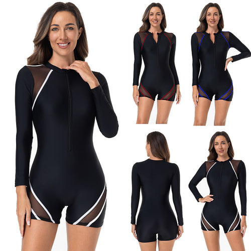 Damen Sportlicher Langarm-Schwimmanzug mit atmungsaktiven Netz Einsätzen R&B