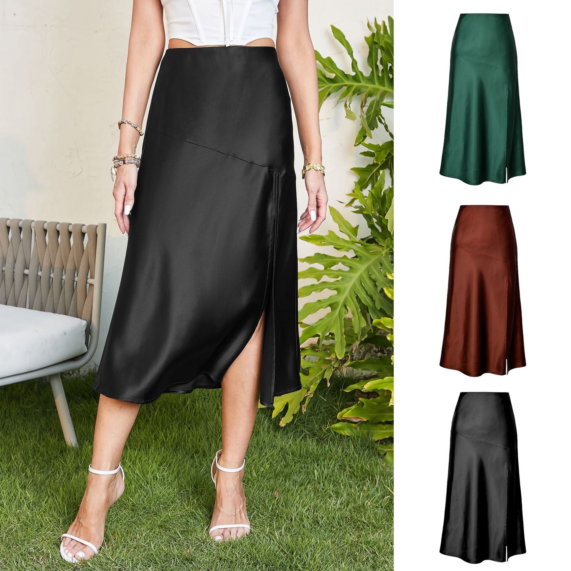 Damen eleganter Midirock aus satinierter Viskose R&B