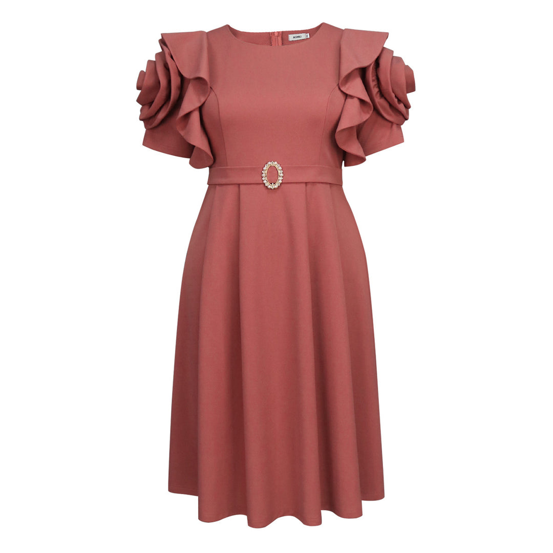 Damen Elegantes Midi-Kleid mit voluminösen Rüschenärmeln und funkelndem Schmuckdetail R&B