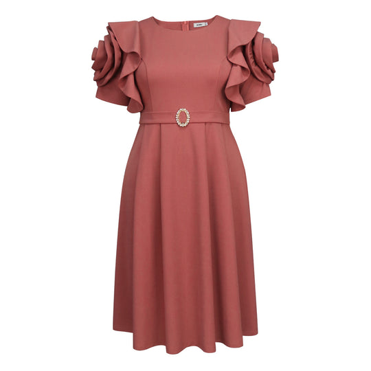 Damen Elegantes Midi-Kleid mit voluminösen Rüschenärmeln und funkelndem Schmuckdetail R&B