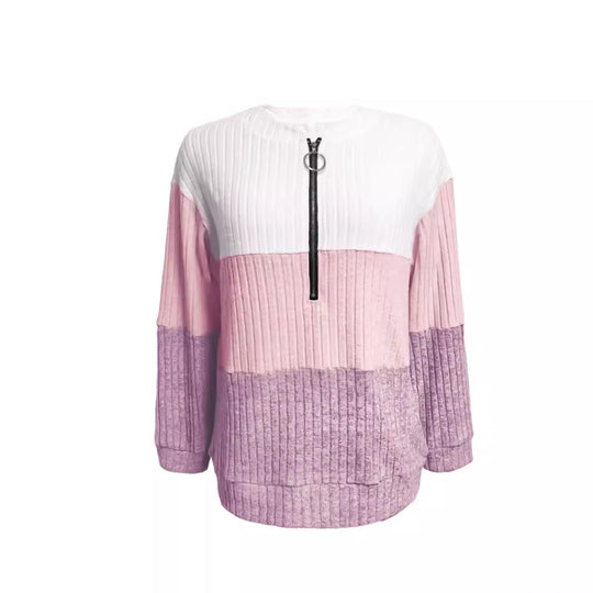 Damen nan gerippter Longpullover mit Ringreißverschluss und Colorblock-Struktur R&B