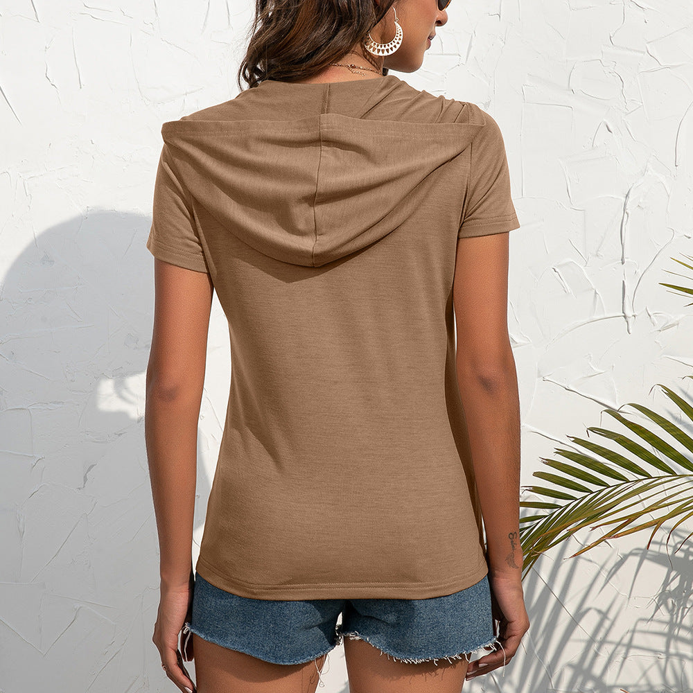 Damen Kurzarm Hoodie-Oberteil mit praktischen Taschen und Reißverschluss R&B