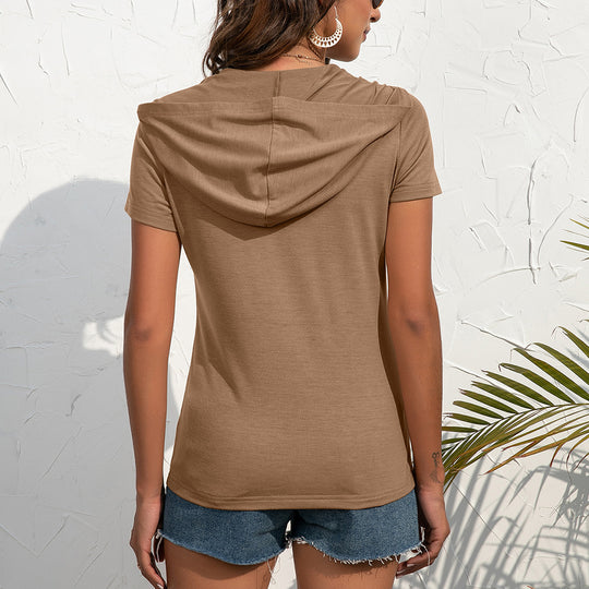 Damen Kurzarm Hoodie-Oberteil mit praktischen Taschen und Reißverschluss R&B