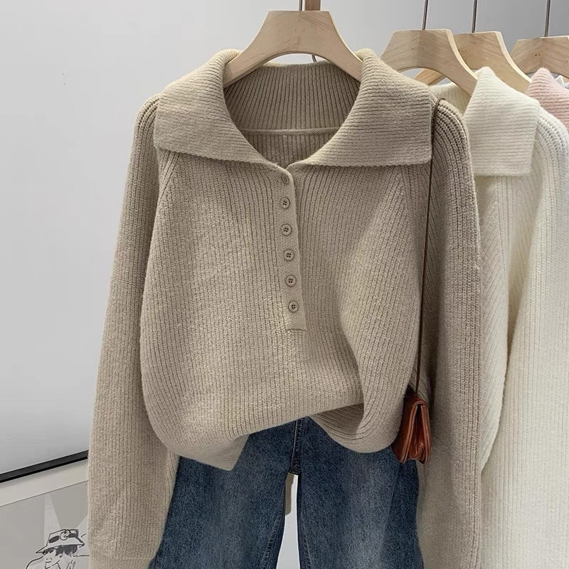 Damen Strickpullover mit Kragen und Knopfleiste R&B