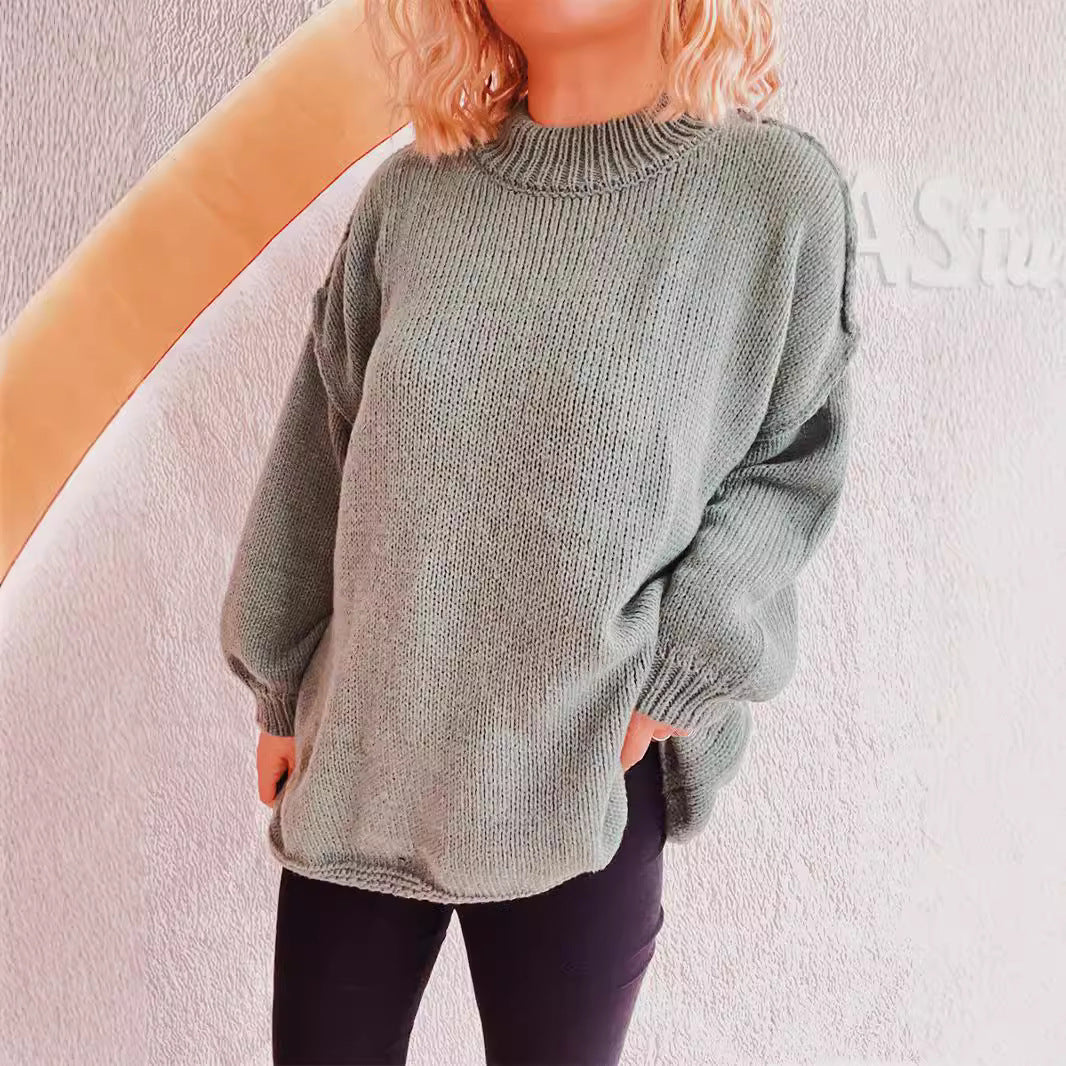 Damen lässiger Grobstrickpullover mit hohem Kragen und weitem Schnitt R&B