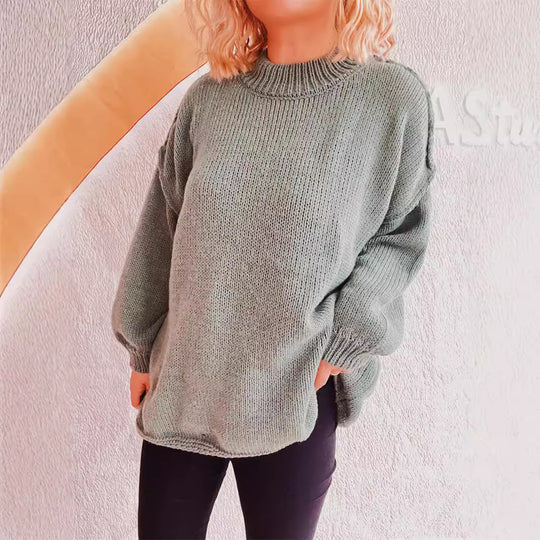 Damen lässiger Grobstrickpullover mit hohem Kragen und weitem Schnitt R&B