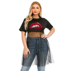 Damen modisches Crop-Top mit transparentem Überwurf und Glitzerbesatz R&B