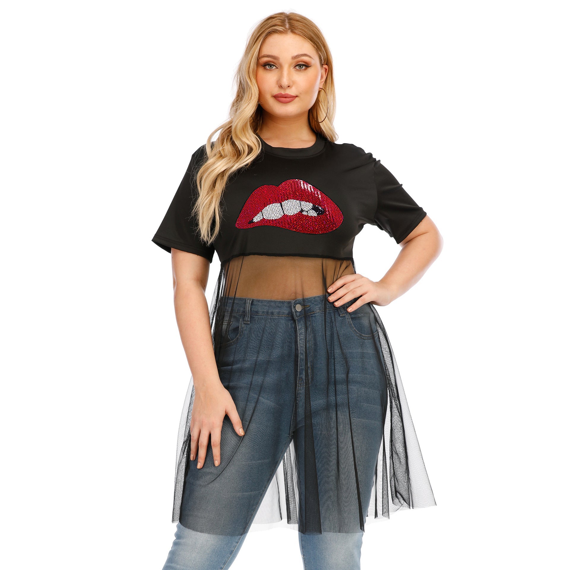 Damen modisches Crop-Top mit transparentem Überwurf und Glitzerbesatz R&B