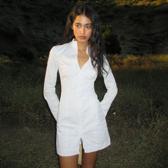 Damen figurbetontes Langarmkleid mit Reißverschluss und Stehkragen R&B