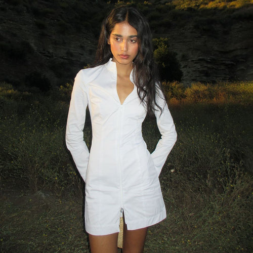 Damen figurbetontes Langarmkleid mit Reißverschluss und Stehkragen R&B