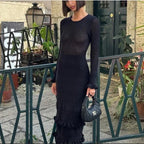 Damen Strickmaxikleid mit raffiniertem Lochmuster und kontrastierendem Streifen R&B