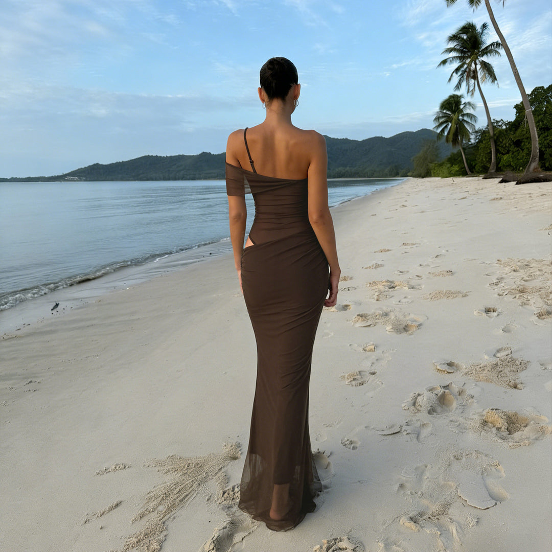 Damen elegantes Abendkleid mit raffinierten Rüschendetails und transparenten Einsätzen R&B