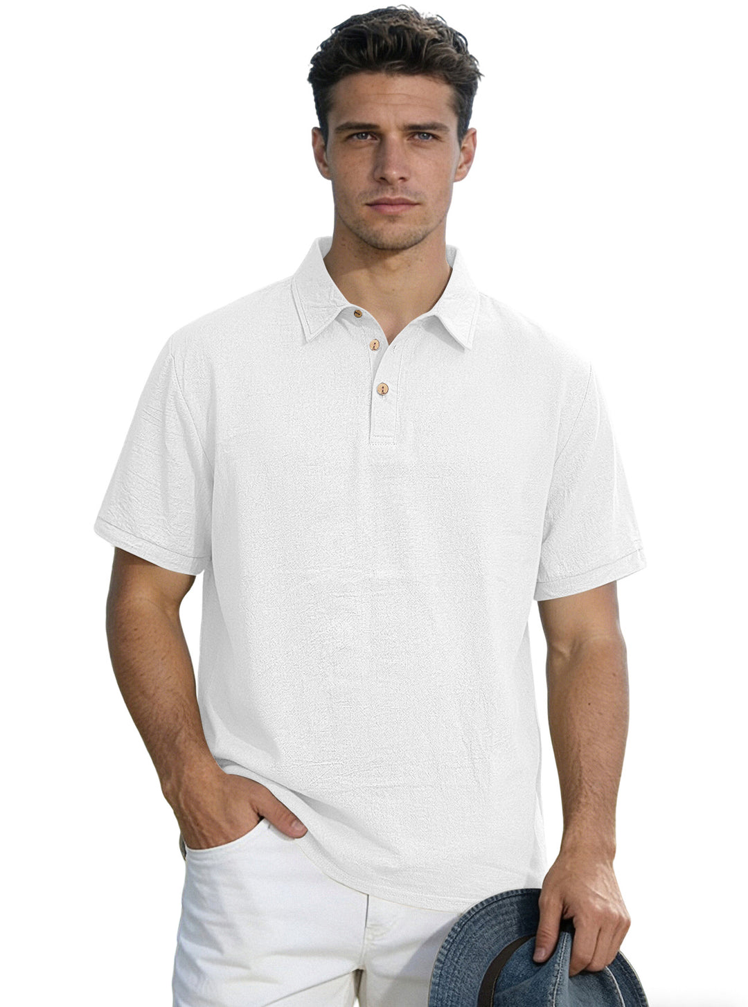Herren nan legeres Kurzarm-Polo mit Hemdkragen, Kurzknopfleiste und strukturierter Baumwollmischung R&B