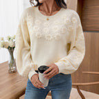Damen modischer Pullover mit floralen Stickereien und strukturiertem Ärmel