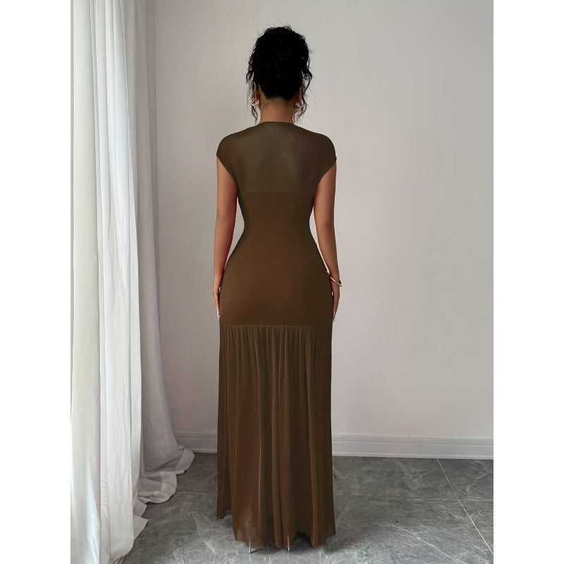 Damen Elegantes Maxikleid mit raffiniertem Drapée und transparentem Rock R&B