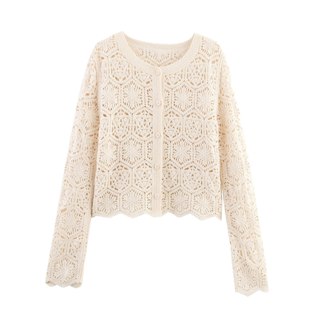 Damen lässige Strickjacke mit floralem Lochmuster und Knopfleiste R&B