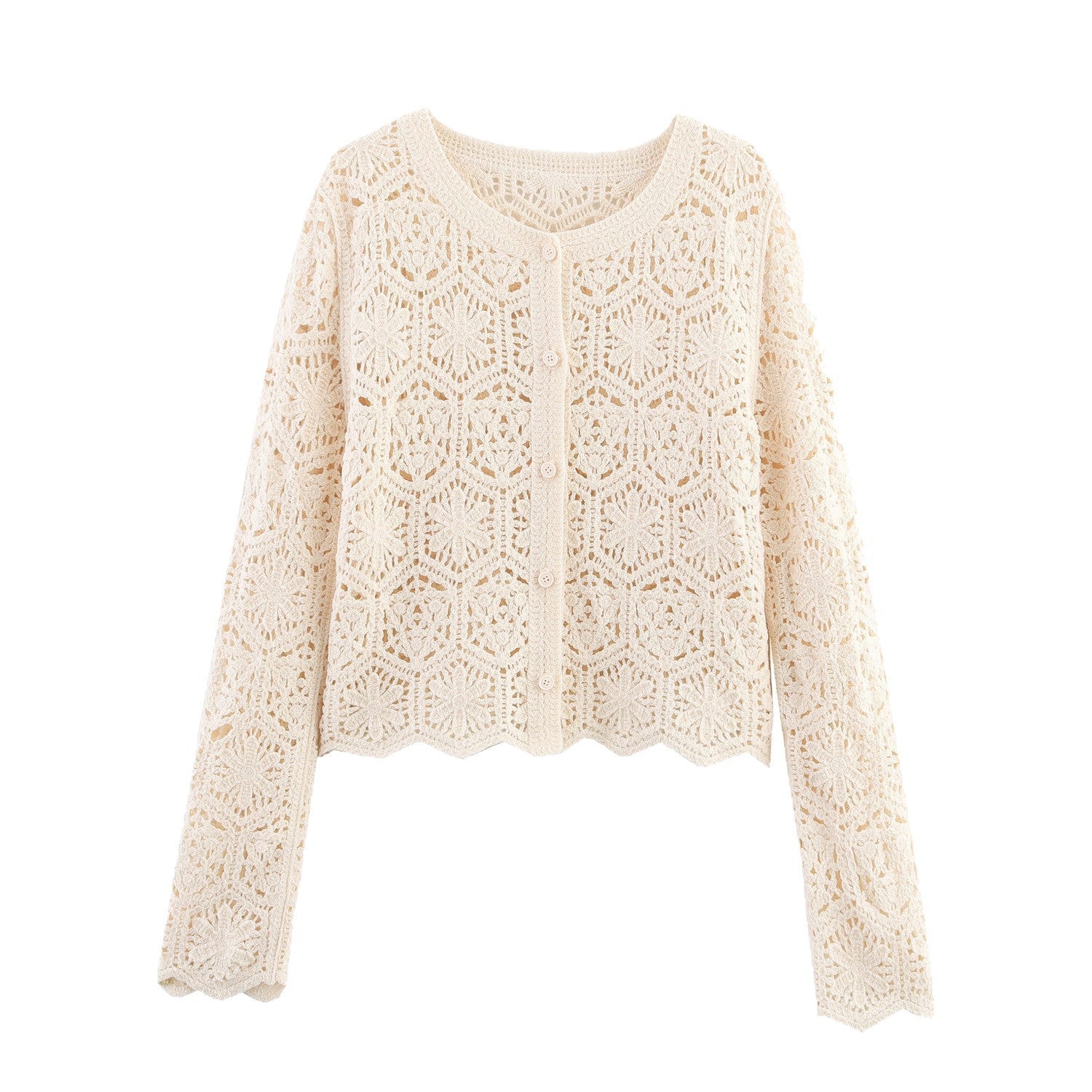 Damen lässige Strickjacke mit floralem Lochmuster und Knopfleiste R&B