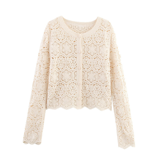 Damen lässige Strickjacke mit floralem Lochmuster und Knopfleiste R&B