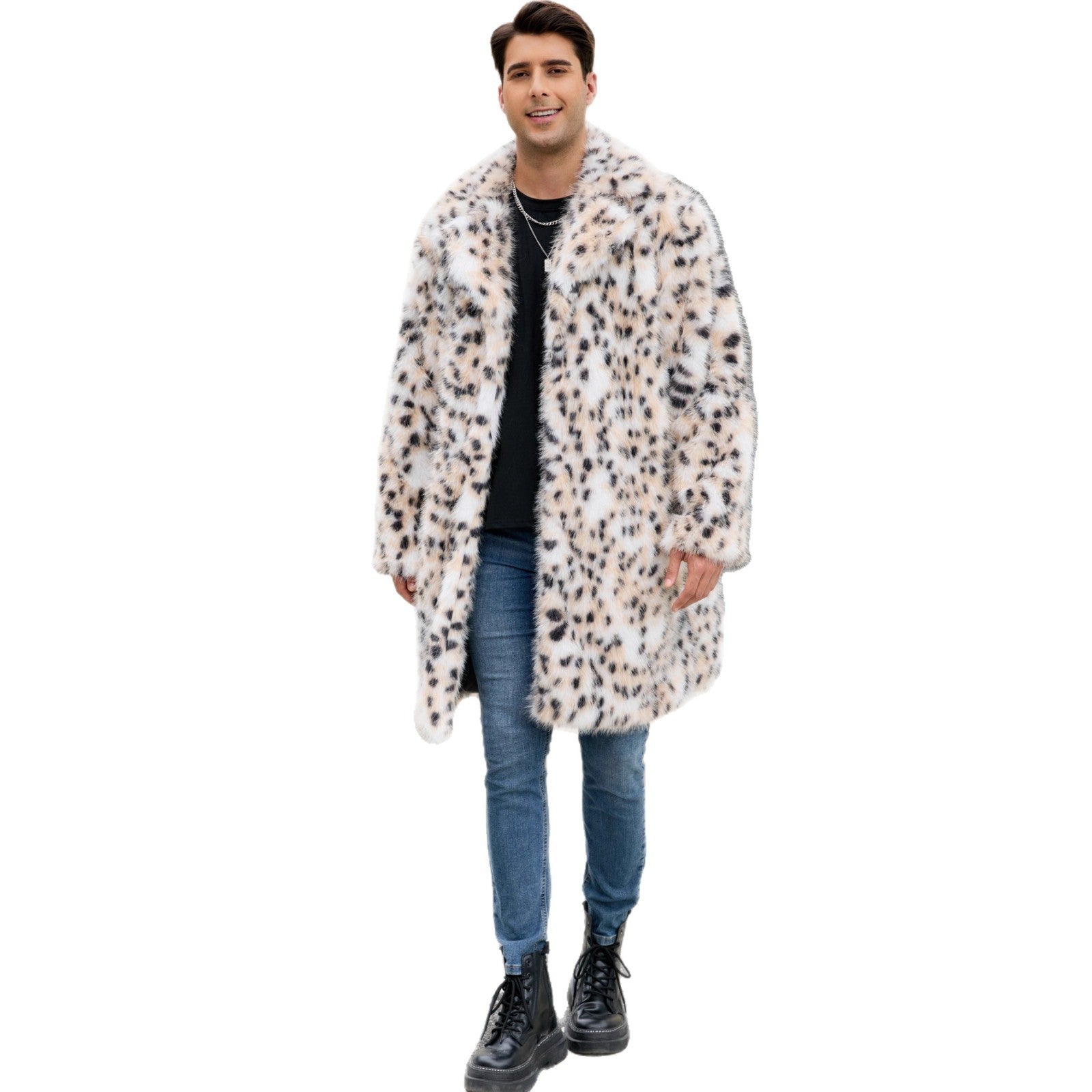 Herren Eleganter Kunstpelz-Mantel im Leopardenmuster R&B