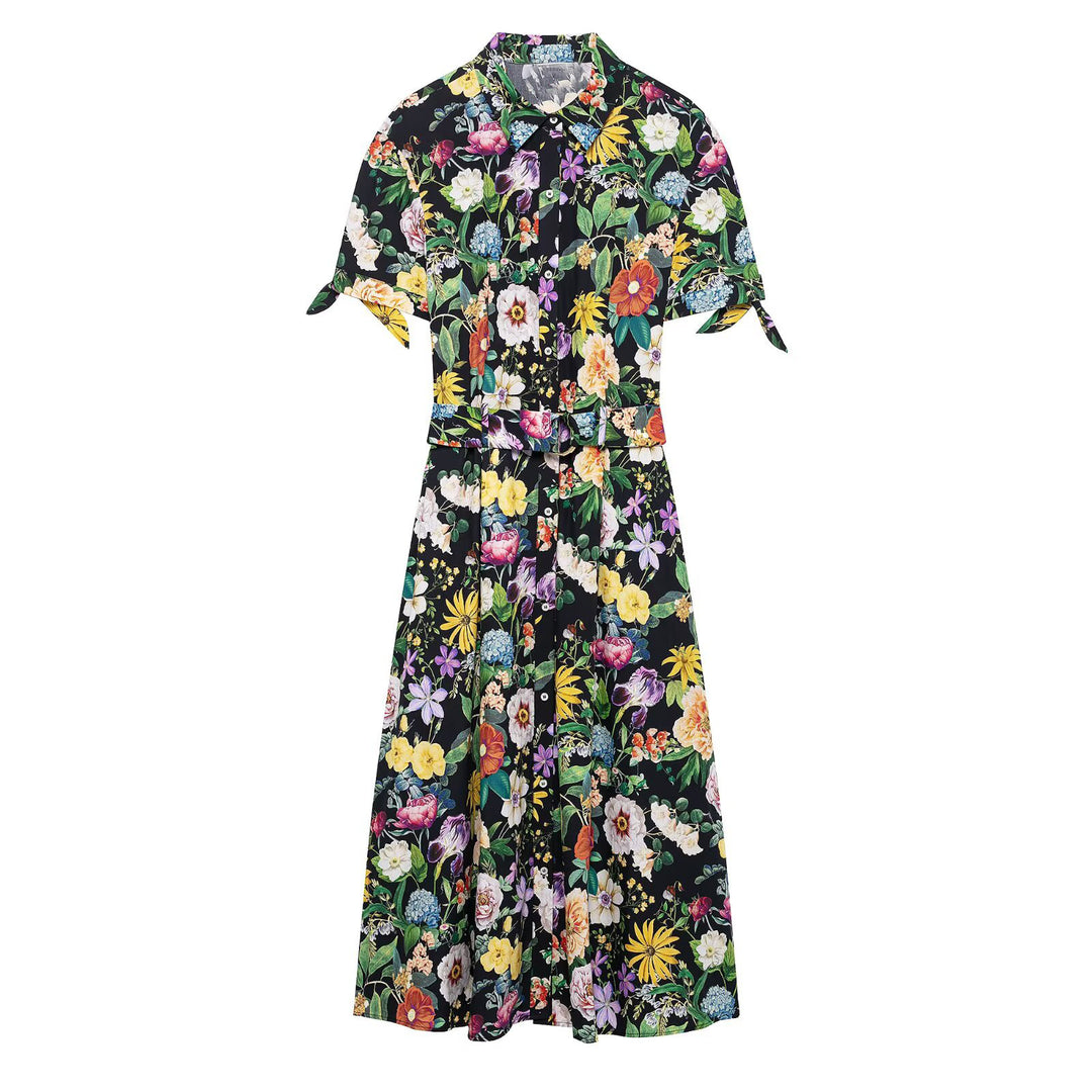 Damen florales Midikleid mit elegantem Kragen und Taillengürtel R&B