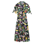 Damen florales Midikleid mit elegantem Kragen und Taillengürtel