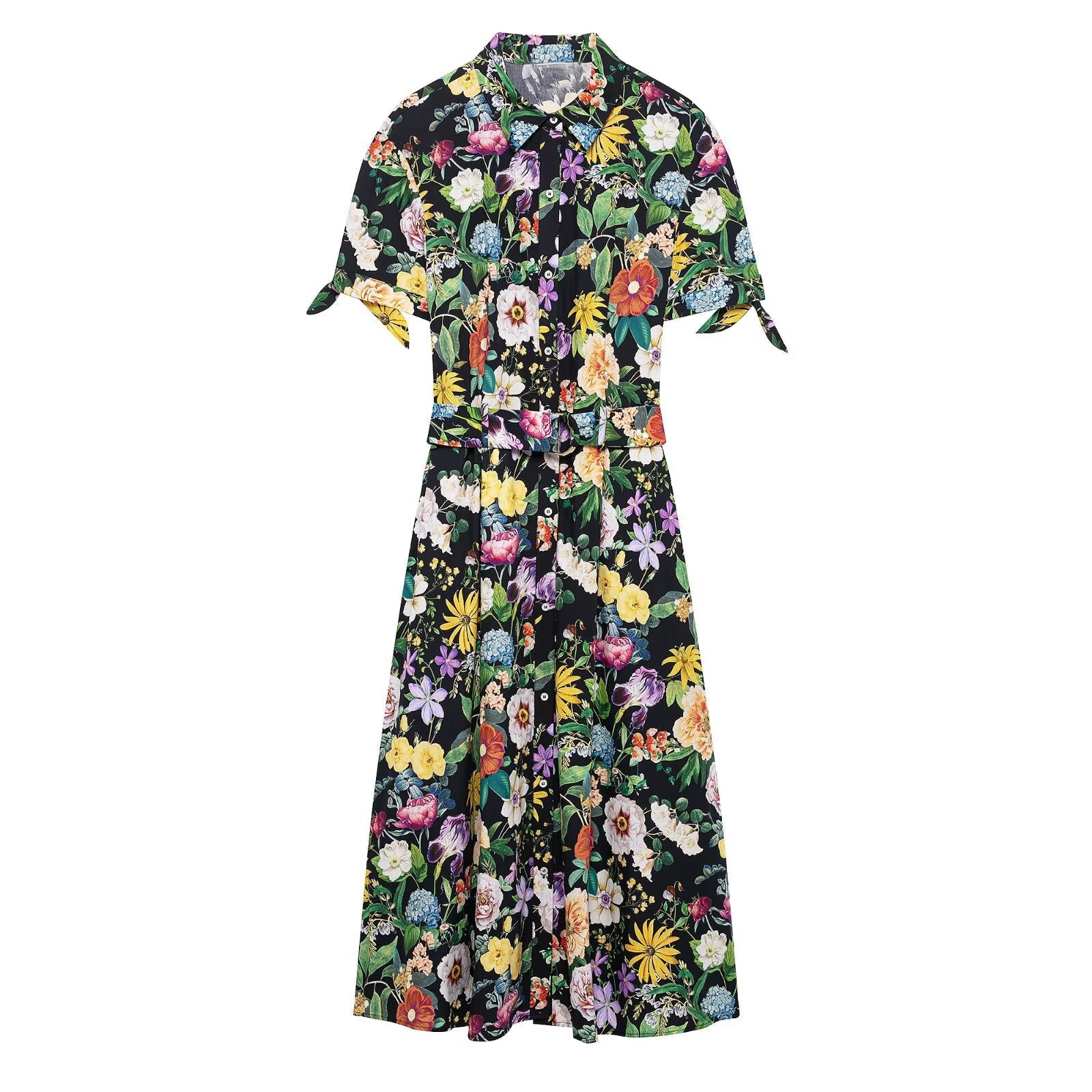 Damen florales Midikleid mit elegantem Kragen und Taillengürtel