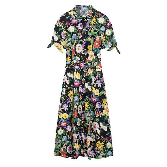 Damen florales Midikleid mit elegantem Kragen und Taillengürtel R&B