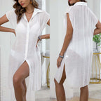 Damen luftiger Strandkleid mit Knopfdetails und überschnittenen Schultern R&B