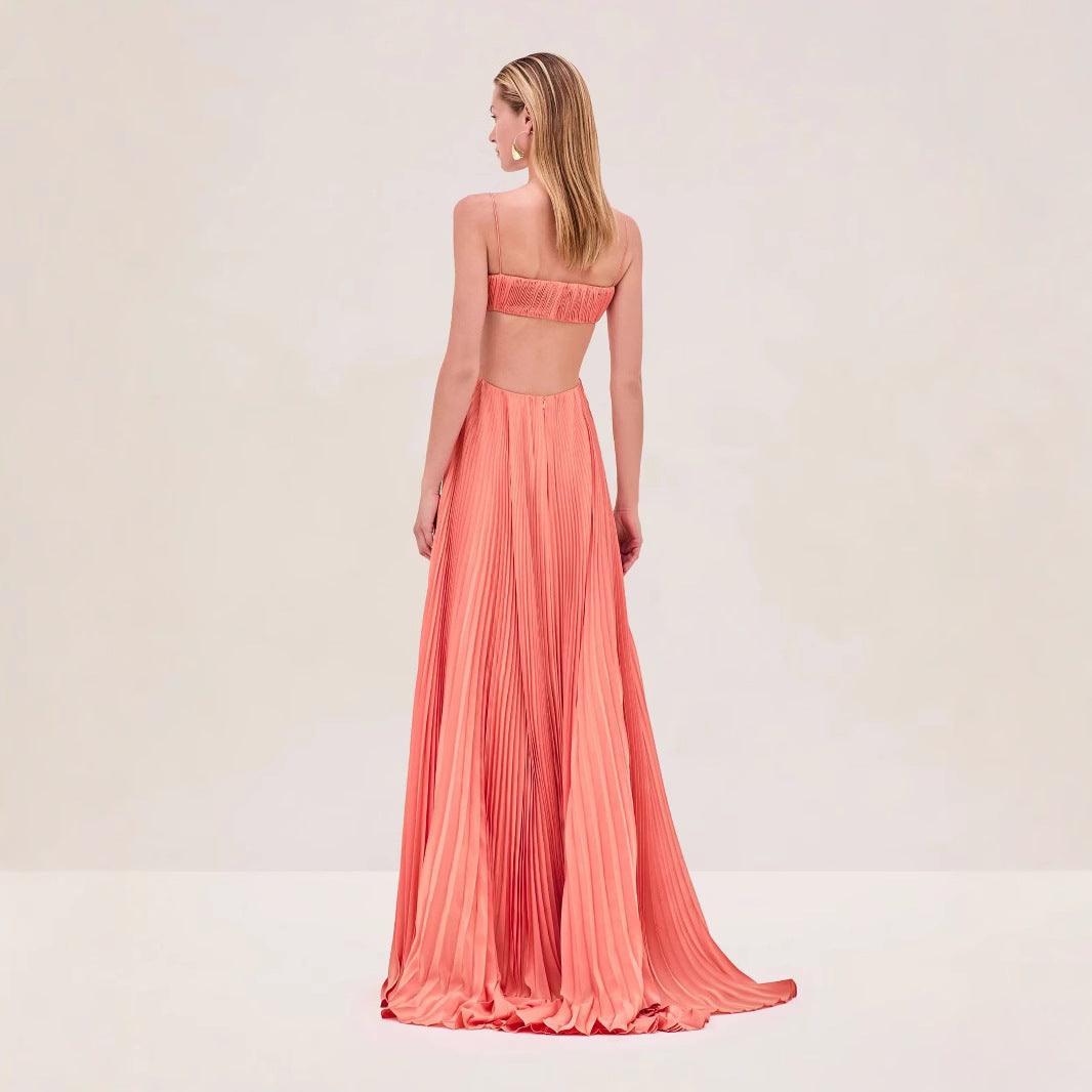 Damen Maxi-Kleid mit eleganter Plisseedetails und schmalen Spaghettiträgern R&B