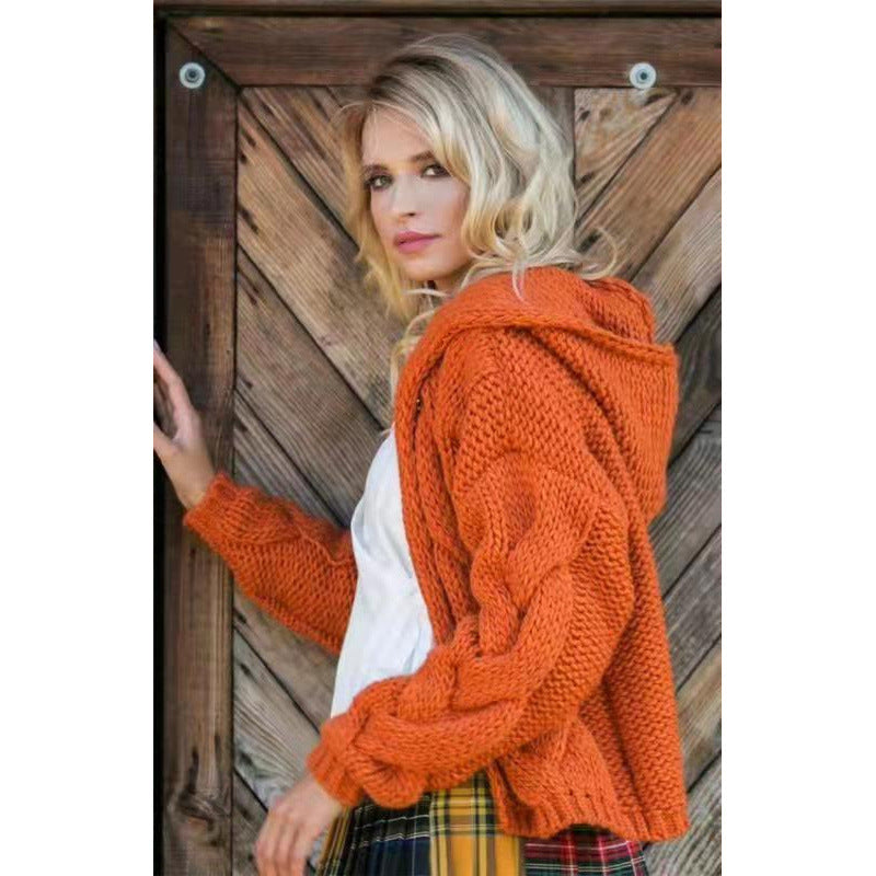 Damen gestrickte Kapuzenjacke mit voluminösem Gewebe und Zopfmuster R&B