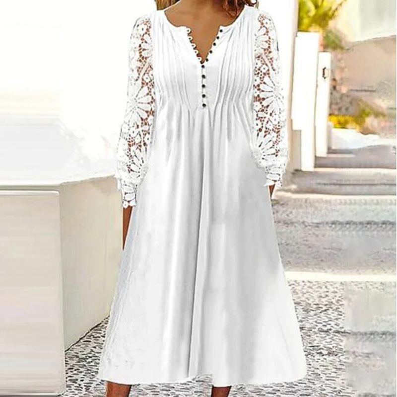 Damen Midikleid mit eleganter Lochspitzenärmel und Knopfleiste R&B