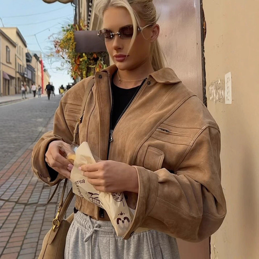 Damen cropped Wildlederjacke mit breiten Ärmeln und praktischen Taschen R&B