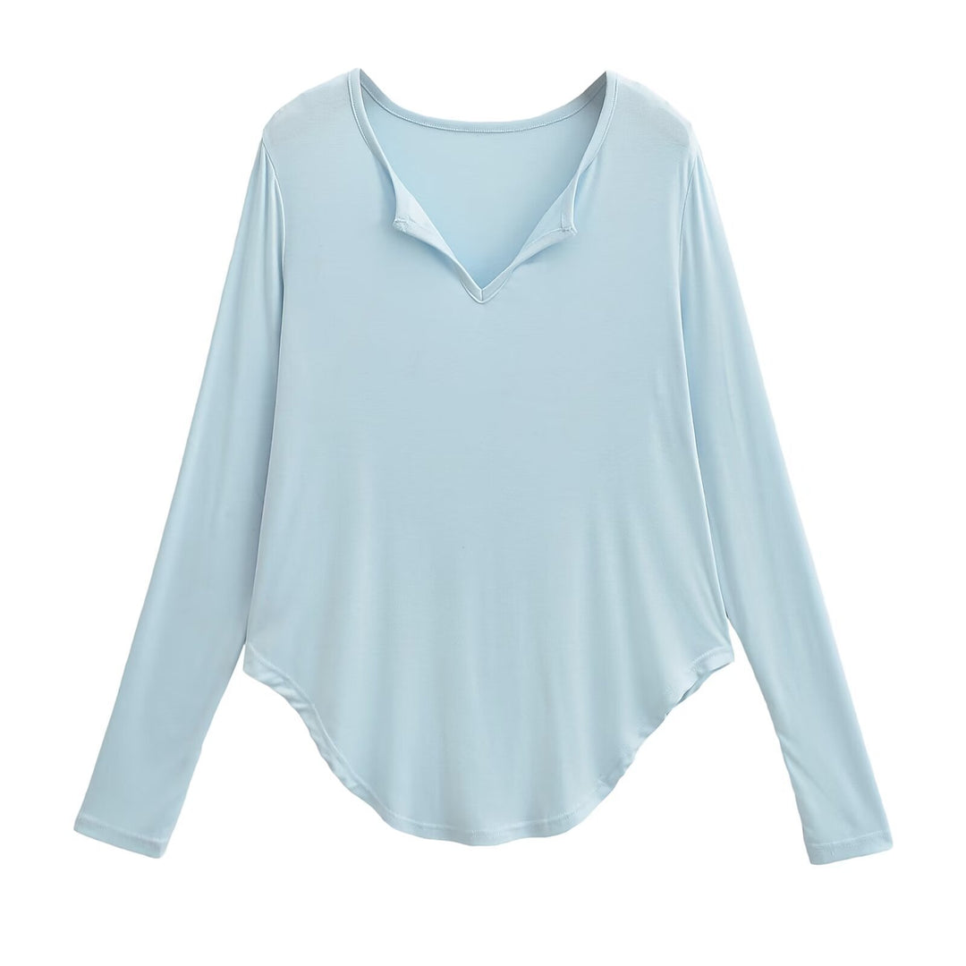 Damen lässiges Longsleeve-Oberteil mit V-Ausschnitt und geschwungenem Saum R&B