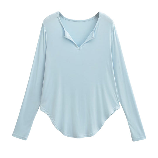 Damen lässiges Longsleeve-Oberteil mit V-Ausschnitt und geschwungenem Saum R&B