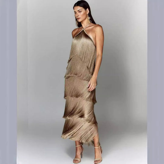 Damen Glamouröses Maxikleid mit Fransen und schulterfreiem Design R&B