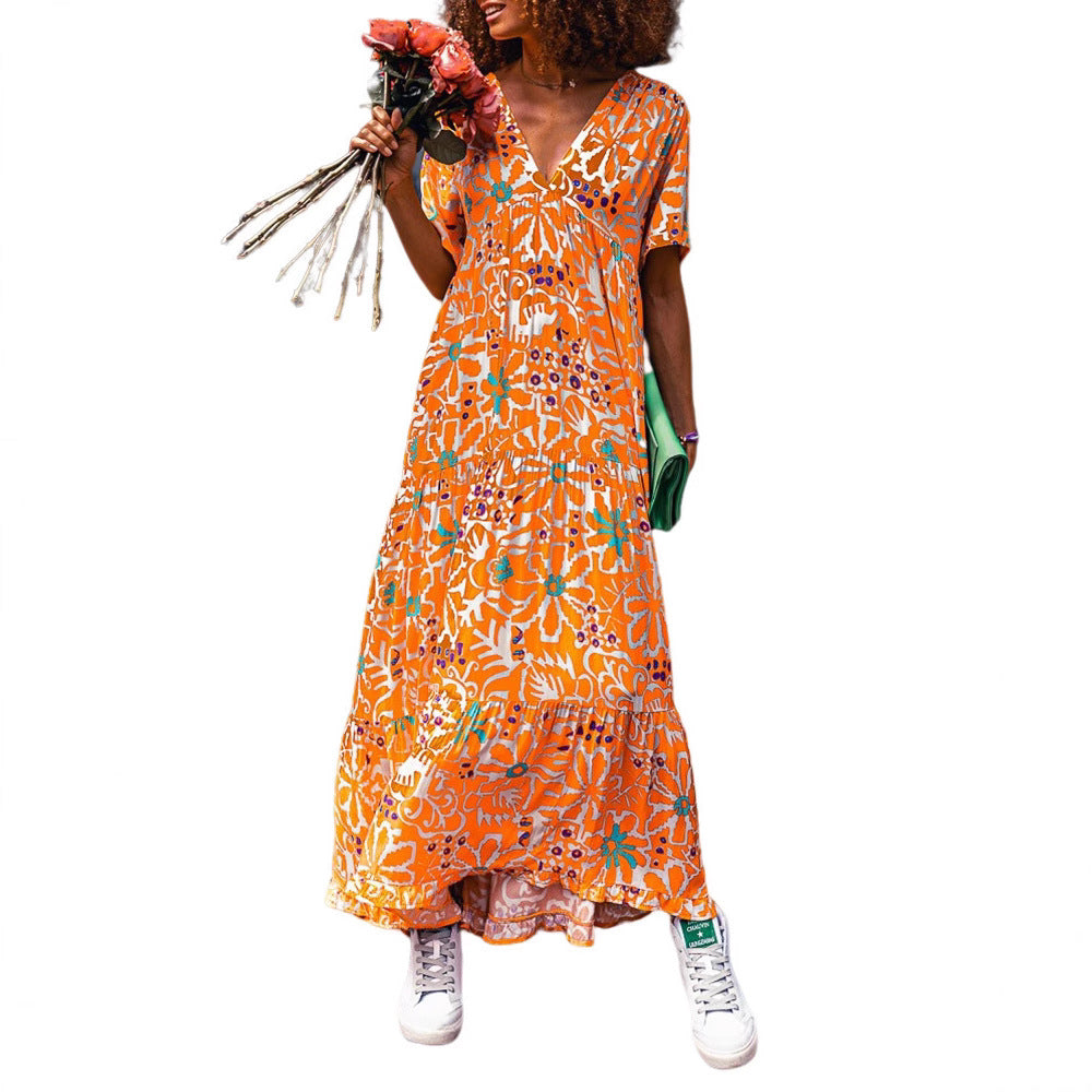 Damen Maxikleid mit weit schwingendem Saum und modernem Floralprint Heidi-Mode