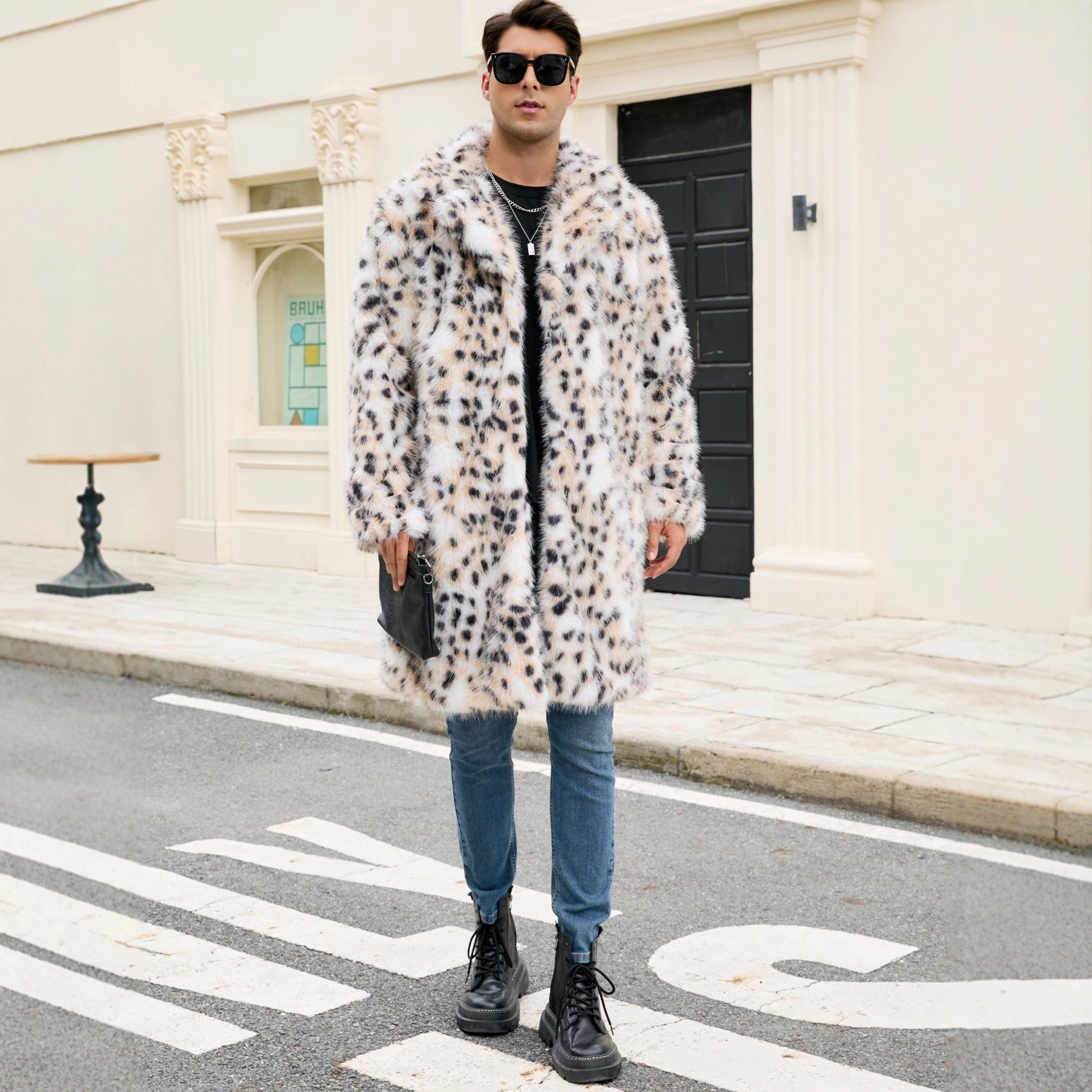 Herren Eleganter Kunstpelz-Mantel im Leopardenmuster R&B
