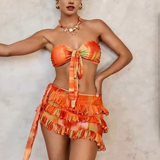 Damen Bandeau-Bikini-Set mit Rüschen und Wickeltuch R&B